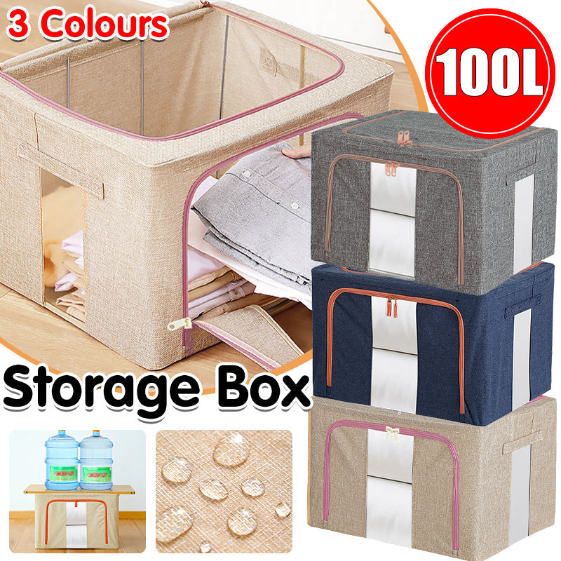 100L Foldable Storage Box Crushed Steel Frame Clothes Quilt Toys Organizer - 100L-Grey