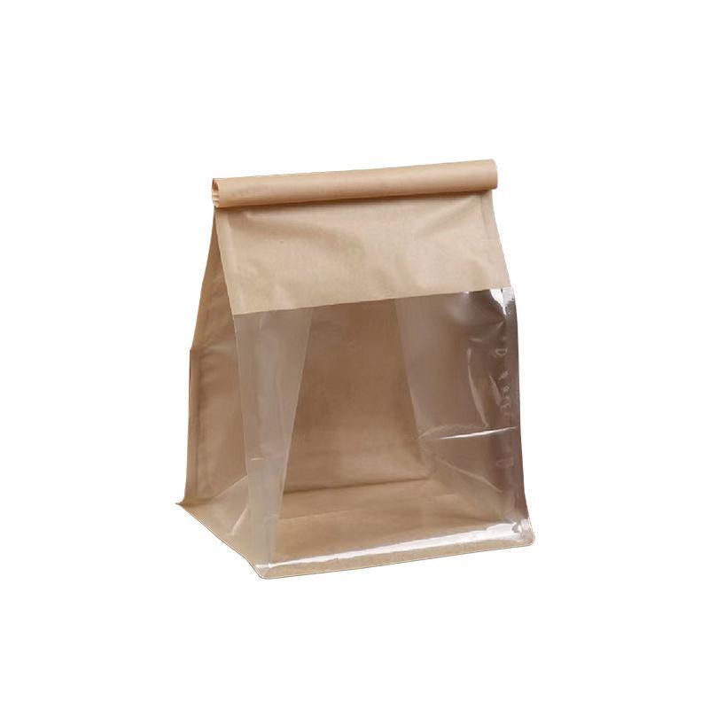 100x Kraft Paper Flat Bottom Cake Packaging Toast Bread Bags With Window Cowhide - 13X28+10CM
