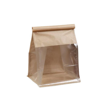 100x Kraft Paper Flat Bottom Cake Packaging Toast Bread Bags With Window Cowhide - 13X28+10CM