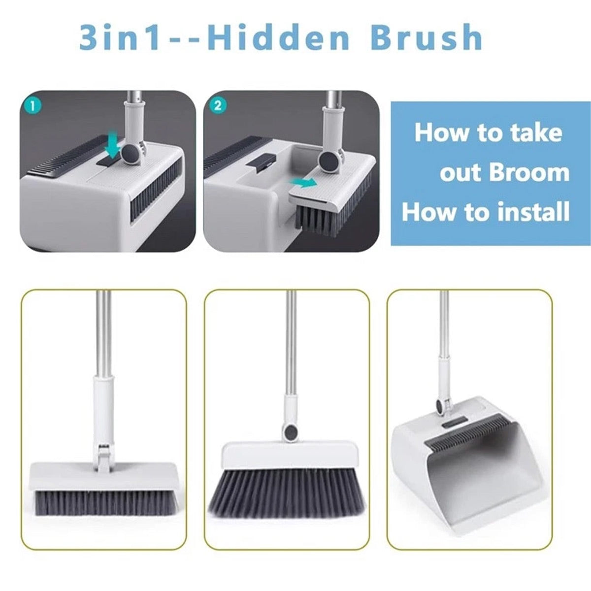 3 in1 Broom Set for Winnowing Brushing Handheld Cleaning Tool Home Kitchen Floor - White