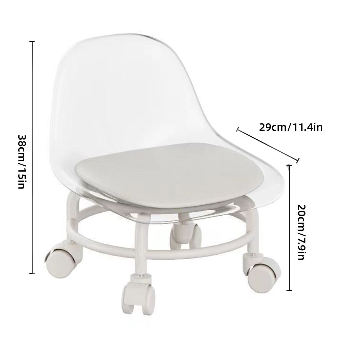 Stool with Universal Wheels Pulley Short Stool with Backrest Comfortable Seat - Grey