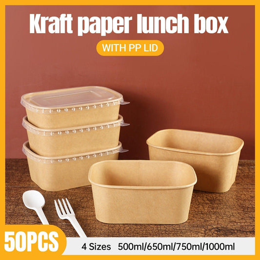 50pcs Eco Friendly Kraft Paper Food Containers Lunch Boxes for Picnic Takeout - 500ml