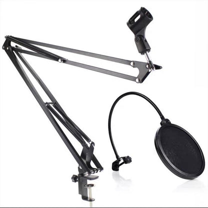Microphone Suspension Boom Arm Desktop Stand Mic Holder Mount and Pop Filter - Mic Stand with Pop Filter