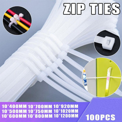 100X Cable Ties Zip Ties Nylon UV Stabilised Bulk White Cable Ties - 10*600mm White