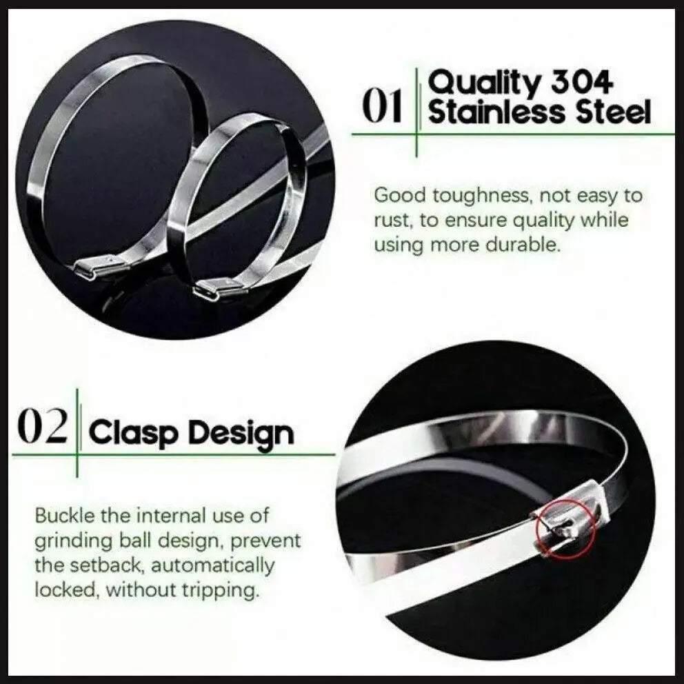 100x Stainless Steel Cable Ties SS304 Marine Grade Zip Strap Locking Wrap 100-800mm - 7.9*150mm
