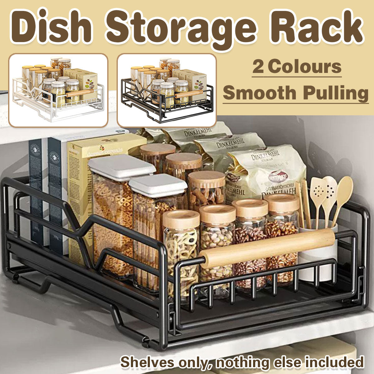 Pull Out Kitchen Storage Rack Basket Drawer Dish Organizer Slide Cabinet Shelf - White