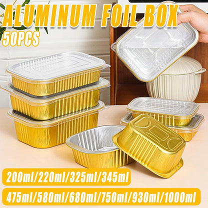 50 PCS Thickened Foil Box with Plastic Lid Rectangular Aluminum Foil - 580ml