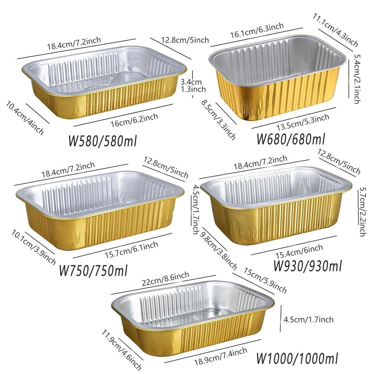 50 PCS Thickened Foil Box with Plastic Lid Rectangular Aluminum Foil - 580ml