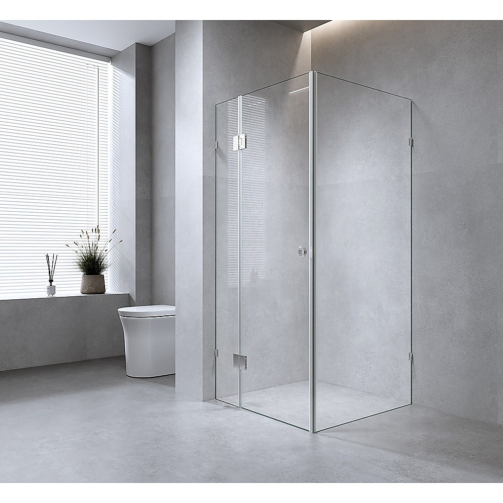 120x70cm Corner Frameless Shower Screen with Gunmetal Brackets and Brass Hinges, Round Handle