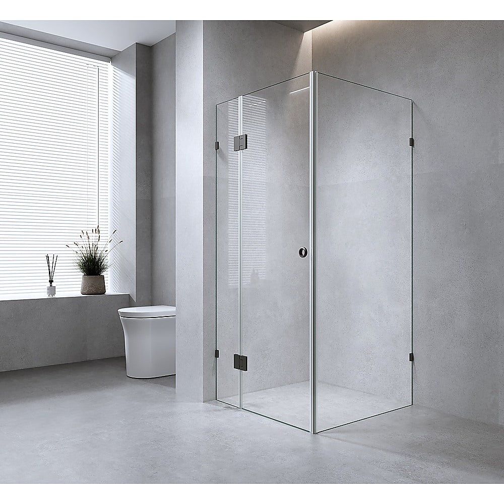 120x70cm Corner Frameless Shower Screen with Gunmetal Brackets and Brass Hinges, Round Handle