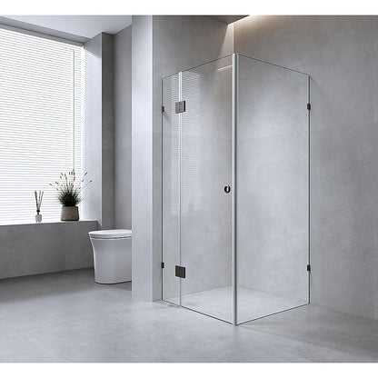 120x70cm Corner Frameless Shower Screen with Gunmetal Brackets and Brass Hinges, Round Handle