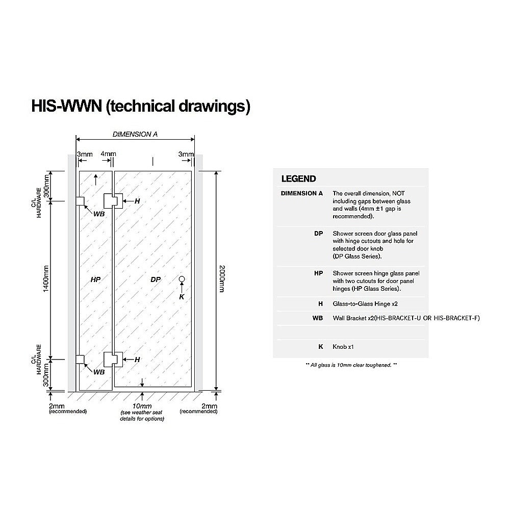 120x70cm Corner Frameless Shower Screen with Gunmetal Brackets and Brass Hinges, Round Handle