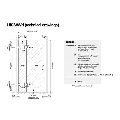 120x70cm Corner Frameless Shower Screen with Gunmetal Brackets and Brass Hinges, Round Handle
