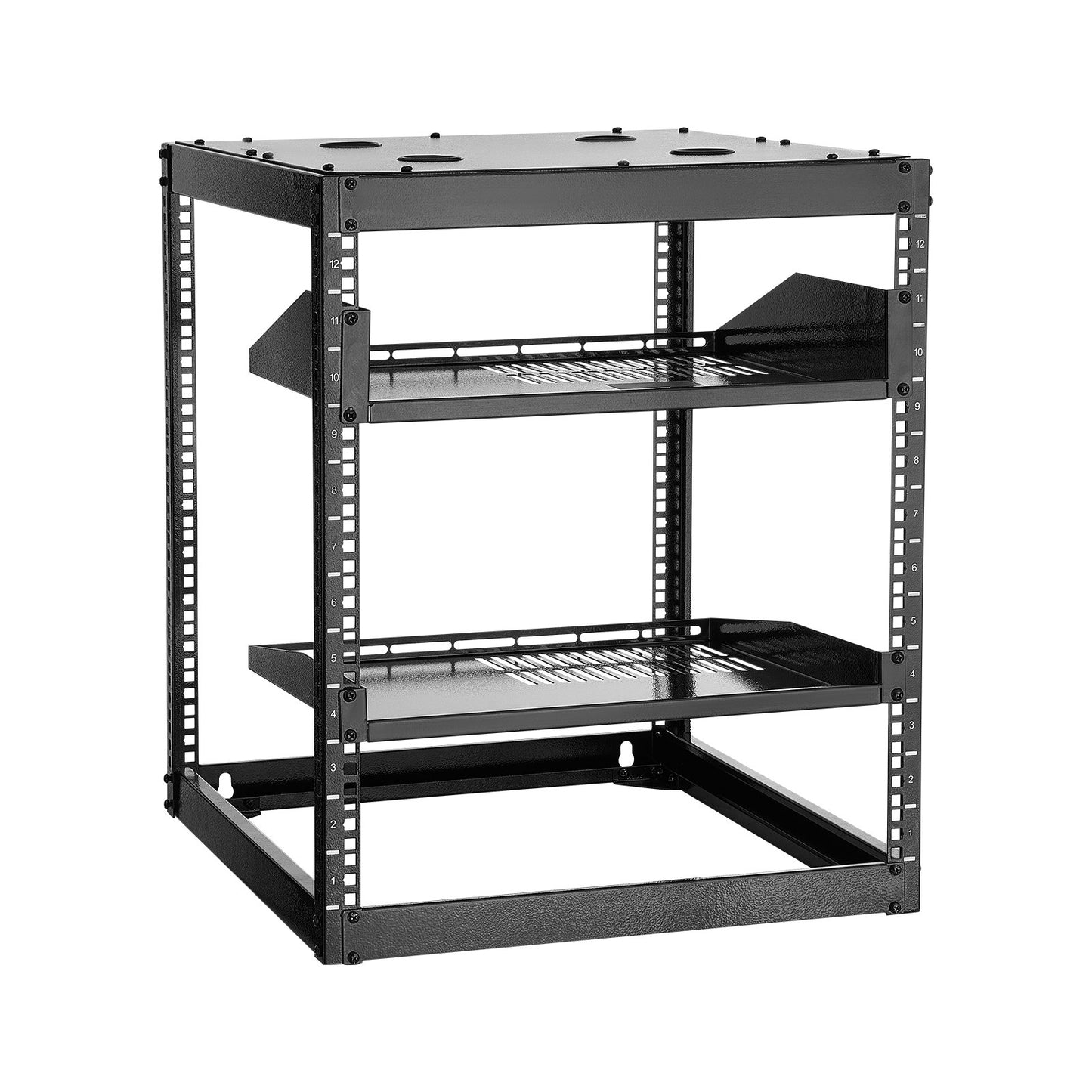 VEVOR 12U Open Frame Network Rack, 585 mm Depth, Wall Mounted or Floor Standing Server Rack, Heavy Duty 4 Post, with Vented Shelves & Mounting Hardware, Holds All Your Networking IT Equipment AV Gear