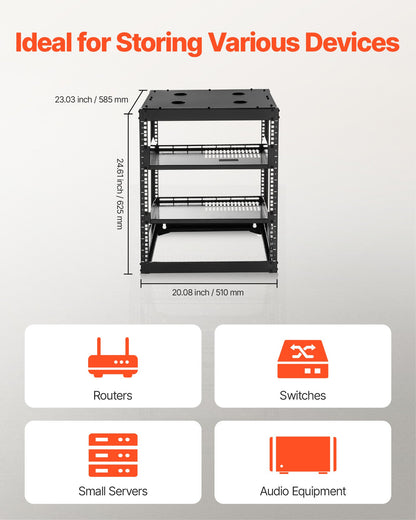 VEVOR 12U Open Frame Network Rack, 585 mm Depth, Wall Mounted or Floor Standing Server Rack, Heavy Duty 4 Post, with Vented Shelves & Mounting Hardware, Holds All Your Networking IT Equipment AV Gear