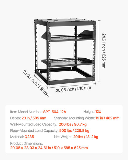 VEVOR 12U Open Frame Network Rack, 585 mm Depth, Wall Mounted or Floor Standing Server Rack, Heavy Duty 4 Post, with Vented Shelves & Mounting Hardware, Holds All Your Networking IT Equipment AV Gear