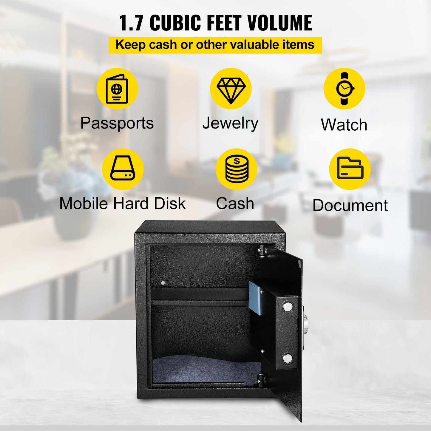VEVOR Safe Box, 1.7 CU.FT Fingerprint Safe Box for Money with 2 Keys & Digital Keypad, Q235 Steel Safe Box for Storing Cash, Jewelry, Pistols, Documents, Watches in Home & Office & Hotel