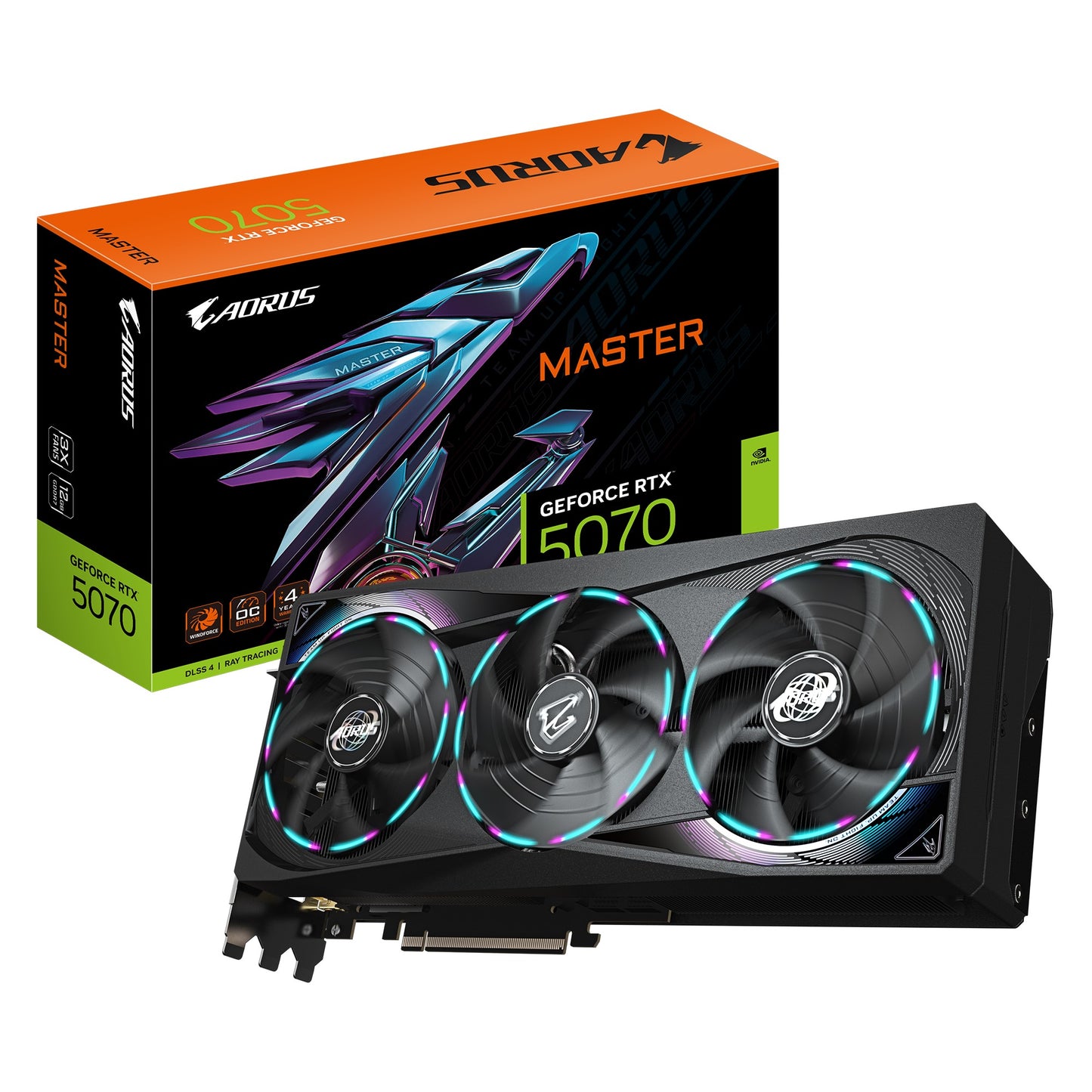 GigabyteAORUS GeForce RTXâ„¢ 5070 MASTER 12G, 2715 MHz, CUDA  6144, 28 Gbps, GDDR7, 192 bit, PCI-E 5.0, ATX,PSU 750W, DisplayPort 2.1b *3 HDMI 2.1b *1