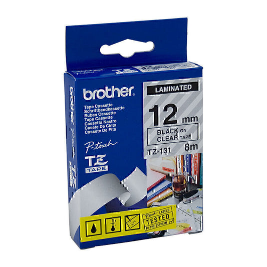 Brother TZe131 Black Text on Clear Laminated Tape 12mm - 8 Meters