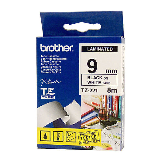 Brother TZe221 Black Text on White Laminated Tape 9mm - 8 Meters