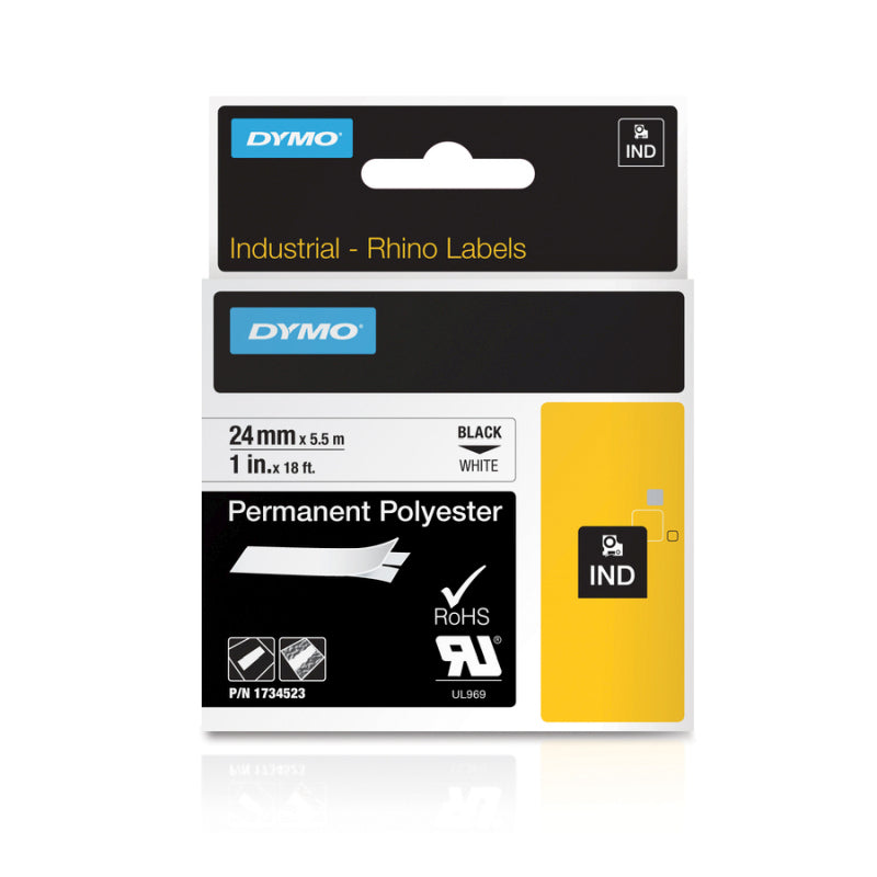 Dymo Rhino 24mm Permanent Polyester Tape 1734523 Black Text on White - 5.5 meters