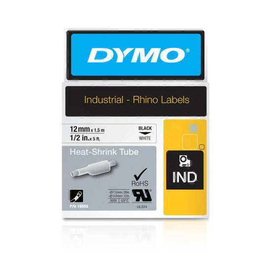 Dymo Rhino 12mm Heat Shrink Tube 18055 Black Text on White 1.5 meters