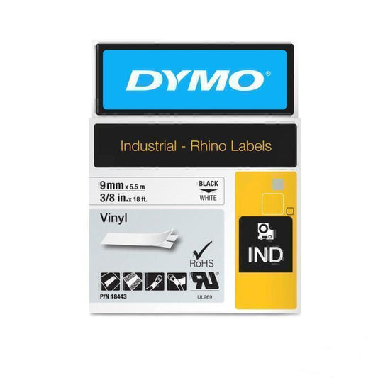 Dymo Rhino 9mm Vinyl 18443 Black Text on White 5.5 meters