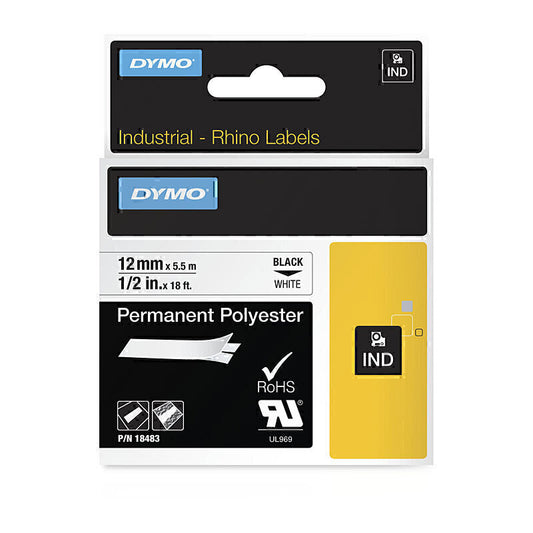 Dymo Rhino 12mm Permanent Polyester Tape 18483 Black Text on White - 5.5 meters